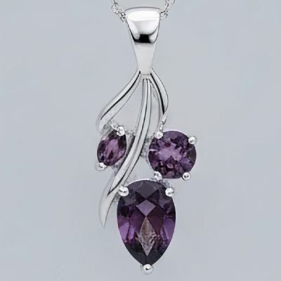 گردنبند نقره تک‌سنگ اشکی بادمجونی