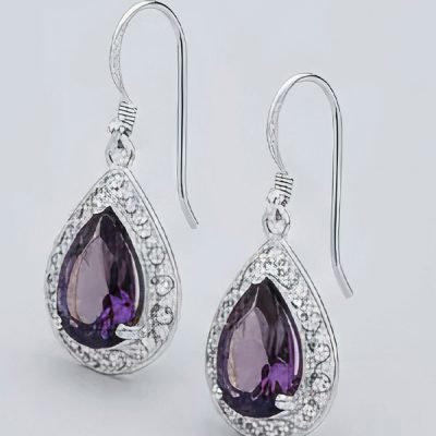 گوشواره نقره اشکی بادمجونی با نگین‌های ریز